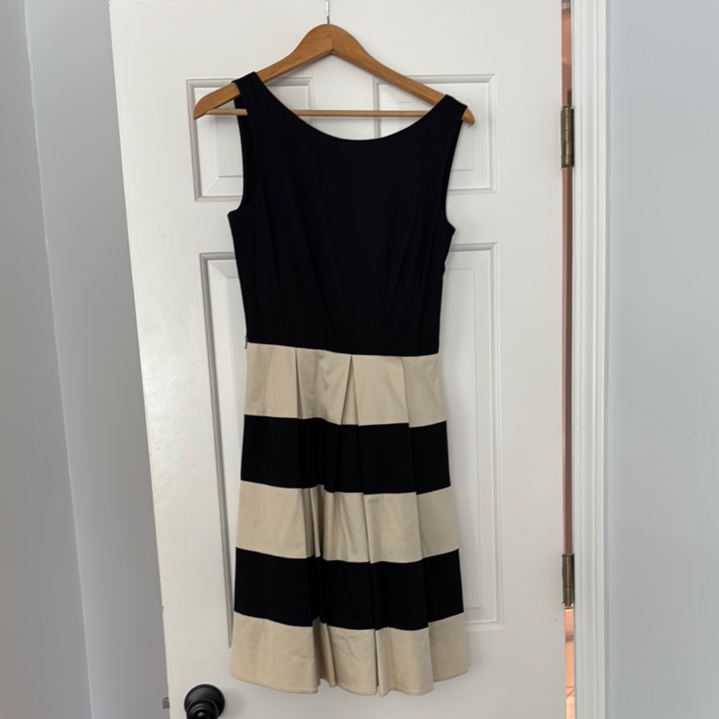 Kate Spade Black And Cream Midi Dress With A-Line Silhouette And Bateau Neckline